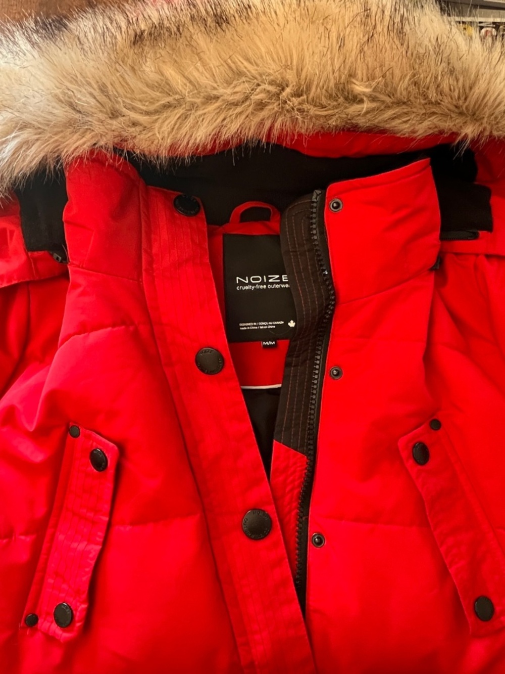 NOIZE long vegan winter coat in red, size Medium.